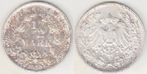 1915 F Germany silver 1/2 Mark A000685